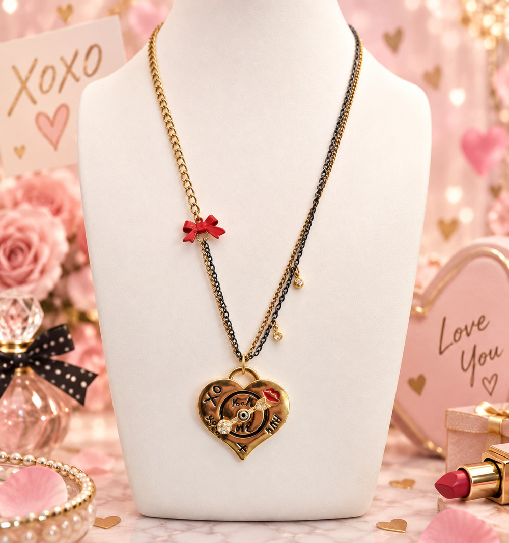Vintage Betsey Johnson Rock Me Heart Spinner Necklace XOXO Red Bow 18” Y2K Rare
